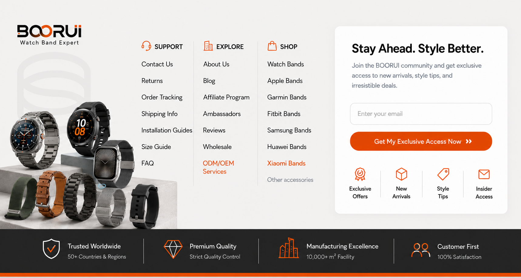 BOORUI footer with support, explore, shop navigation and trusted worldwide highlights