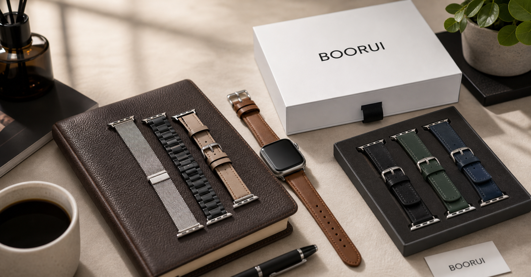BOORUI premium Apple Watch compatible bands with branded packaging