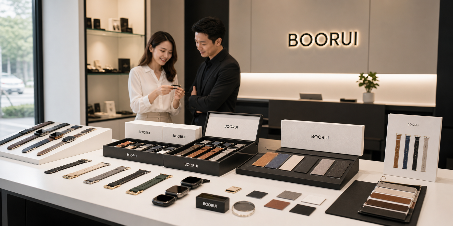 BOORUI branded showroom with smartwatch band samples and packaging