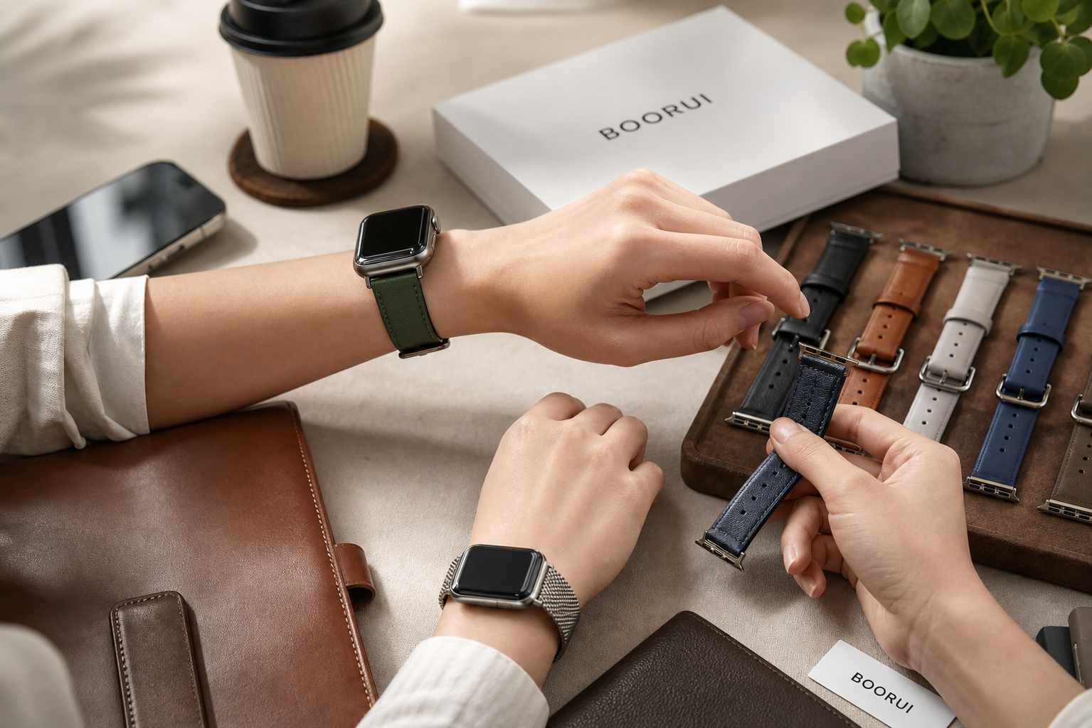 BOORUI premium smartwatch band lifestyle collection with branded packaging