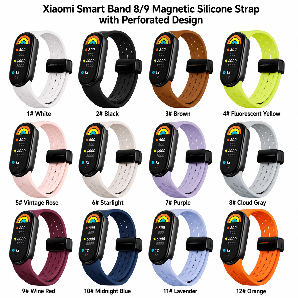 MS14 Xiaomi Smart Band 8 and 9 magnetic silicone strap color lineup main product view