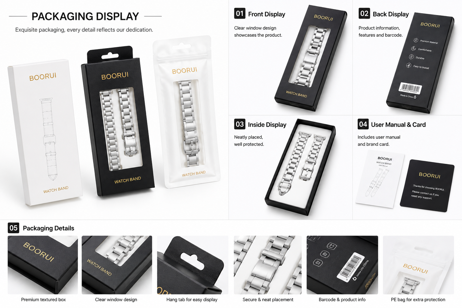 BOORUI custom packaging display for stainless steel Apple Watch band buyers