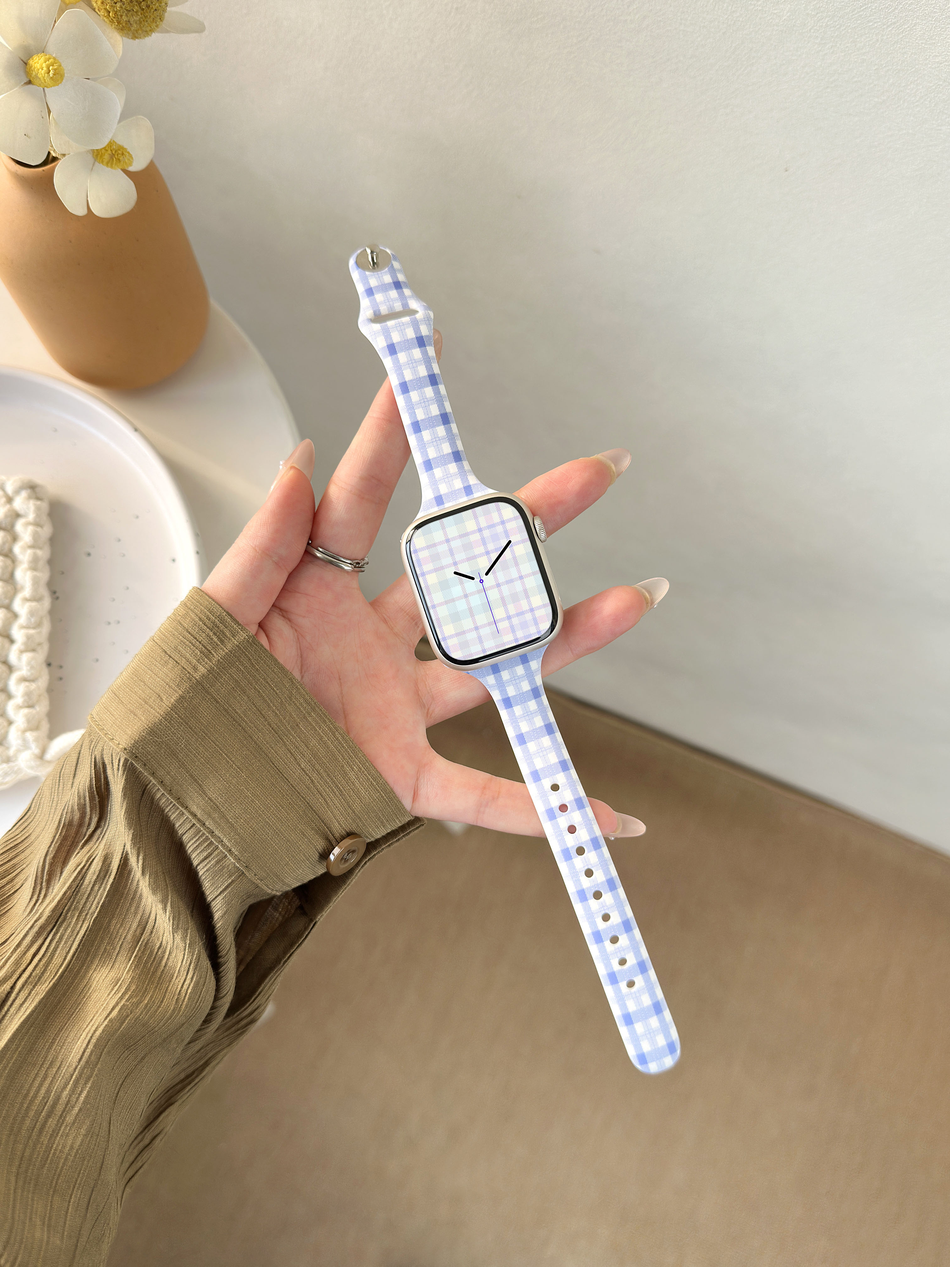 Blue plaid printed silicone Apple Watch band