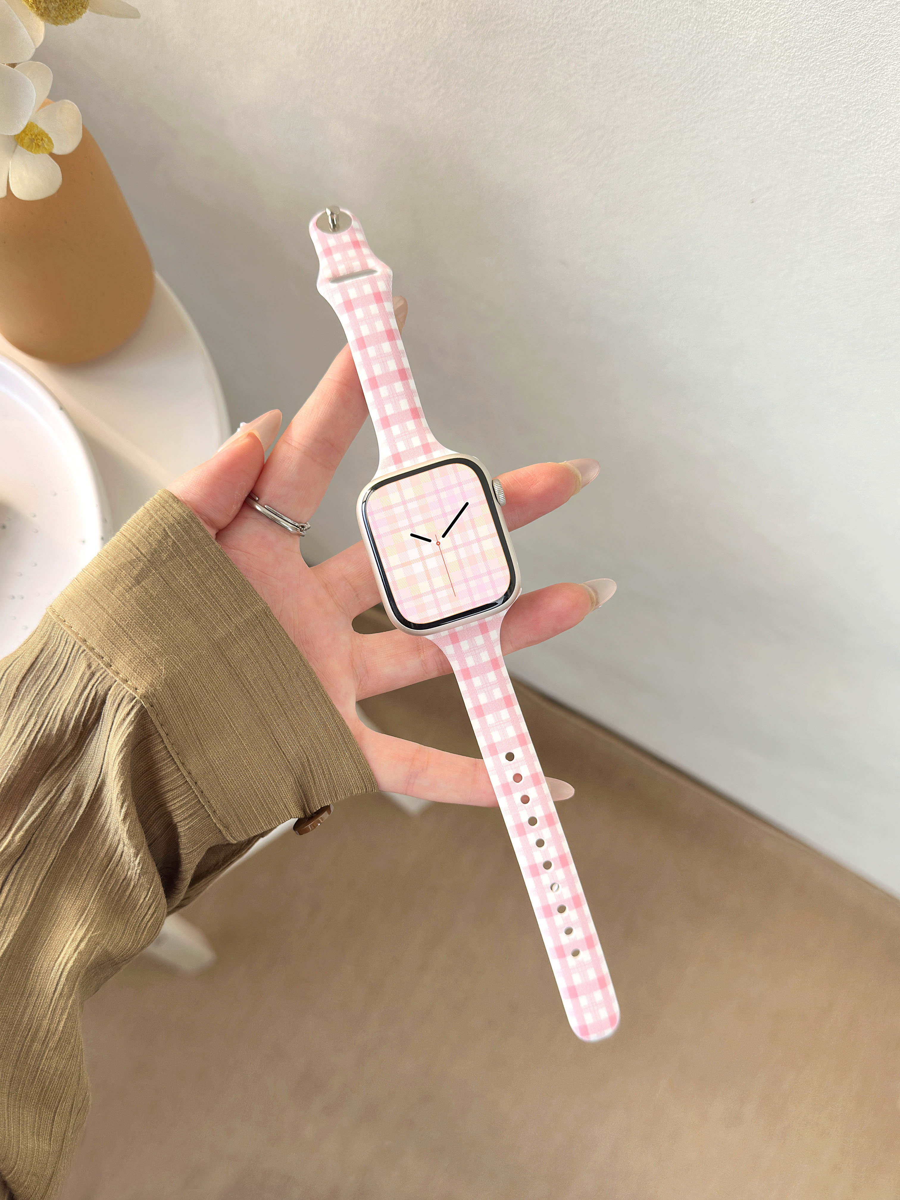 Bright pink plaid printed silicone Apple Watch band