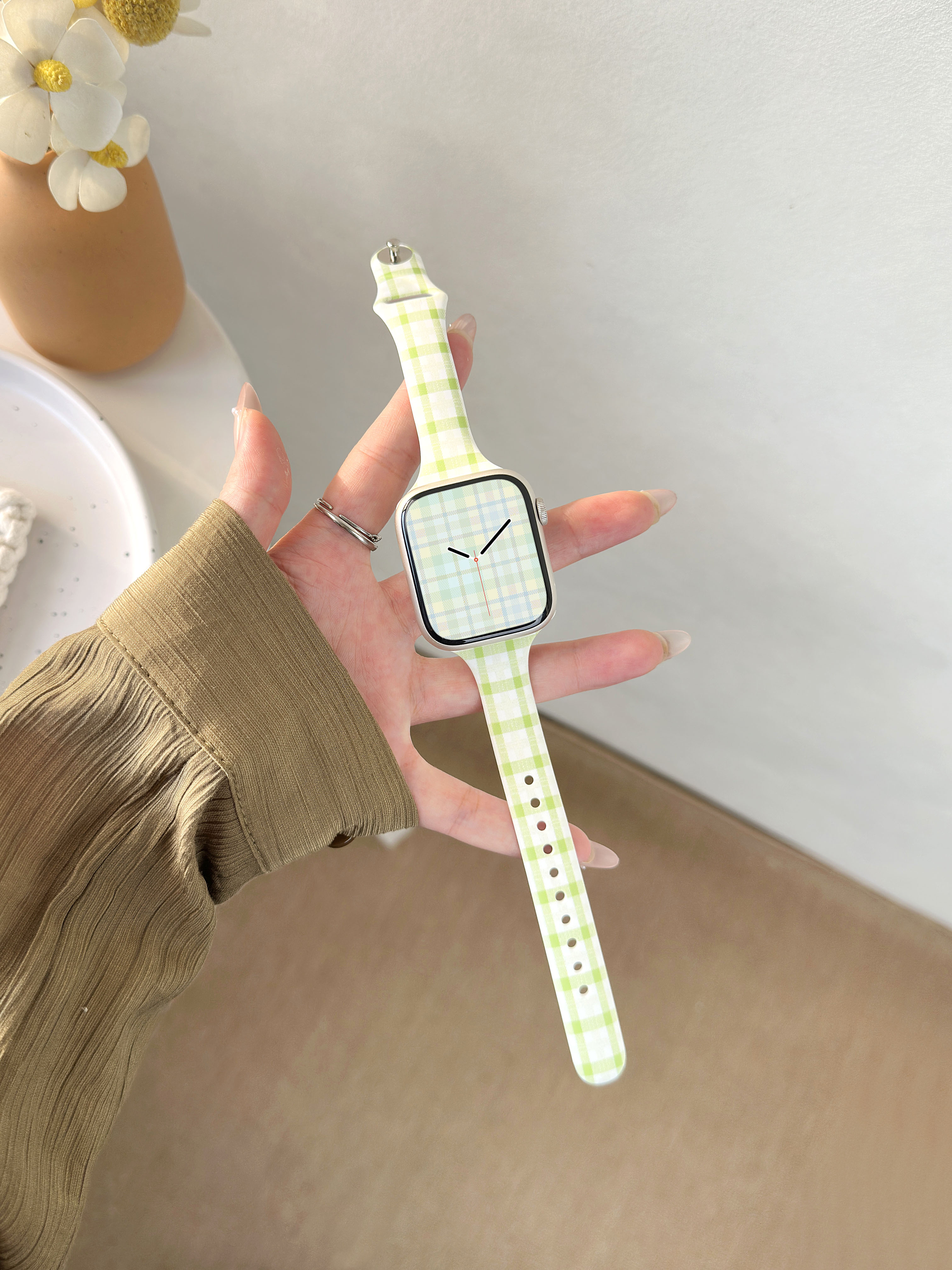 Green plaid printed silicone Apple Watch band