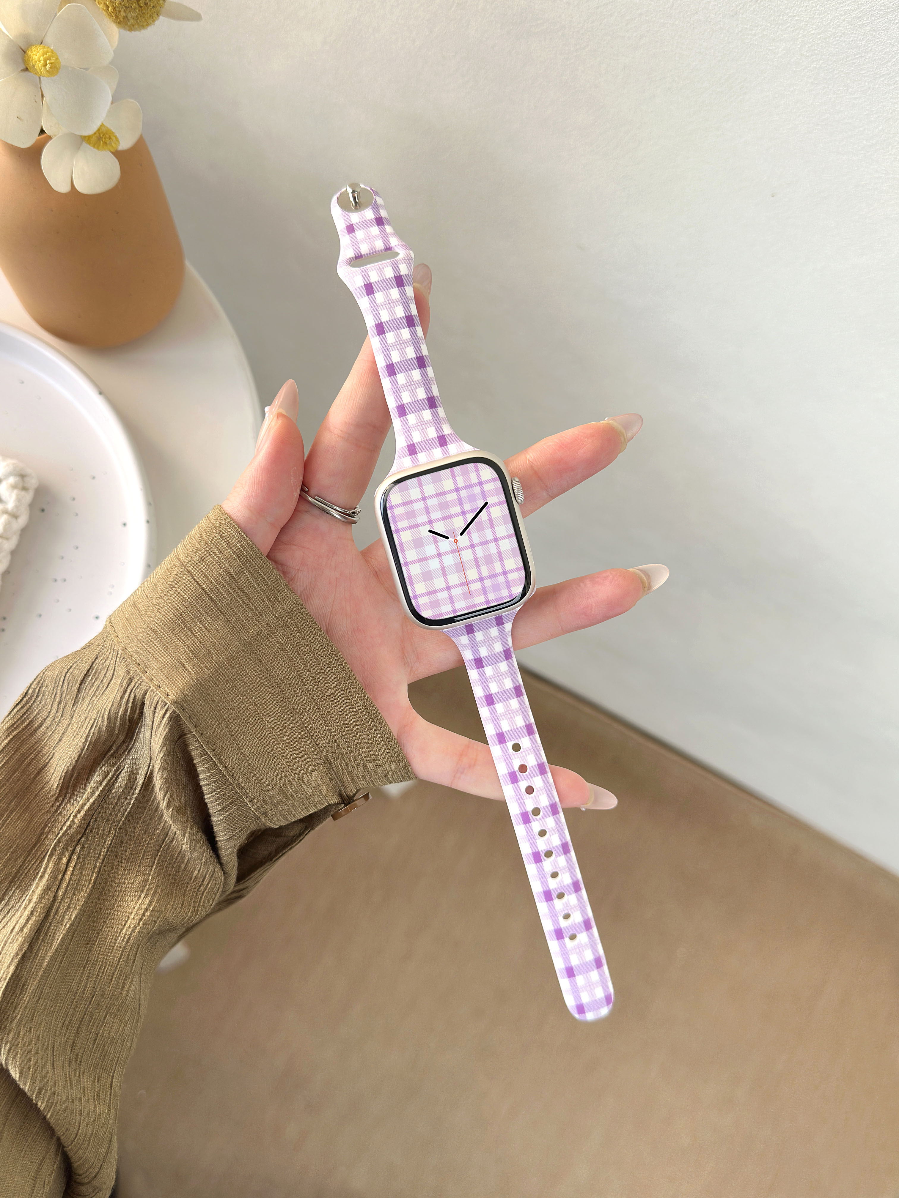 Purple plaid printed silicone Apple Watch band